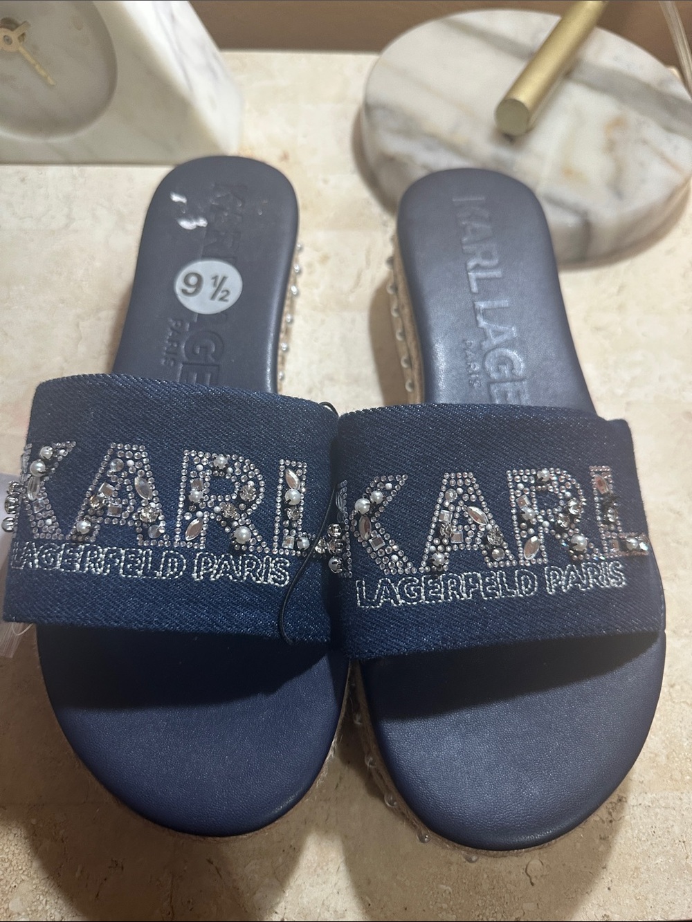 Karl Lagerfeld Navy Crystal-Pearl Logo Slide Sandals NWT